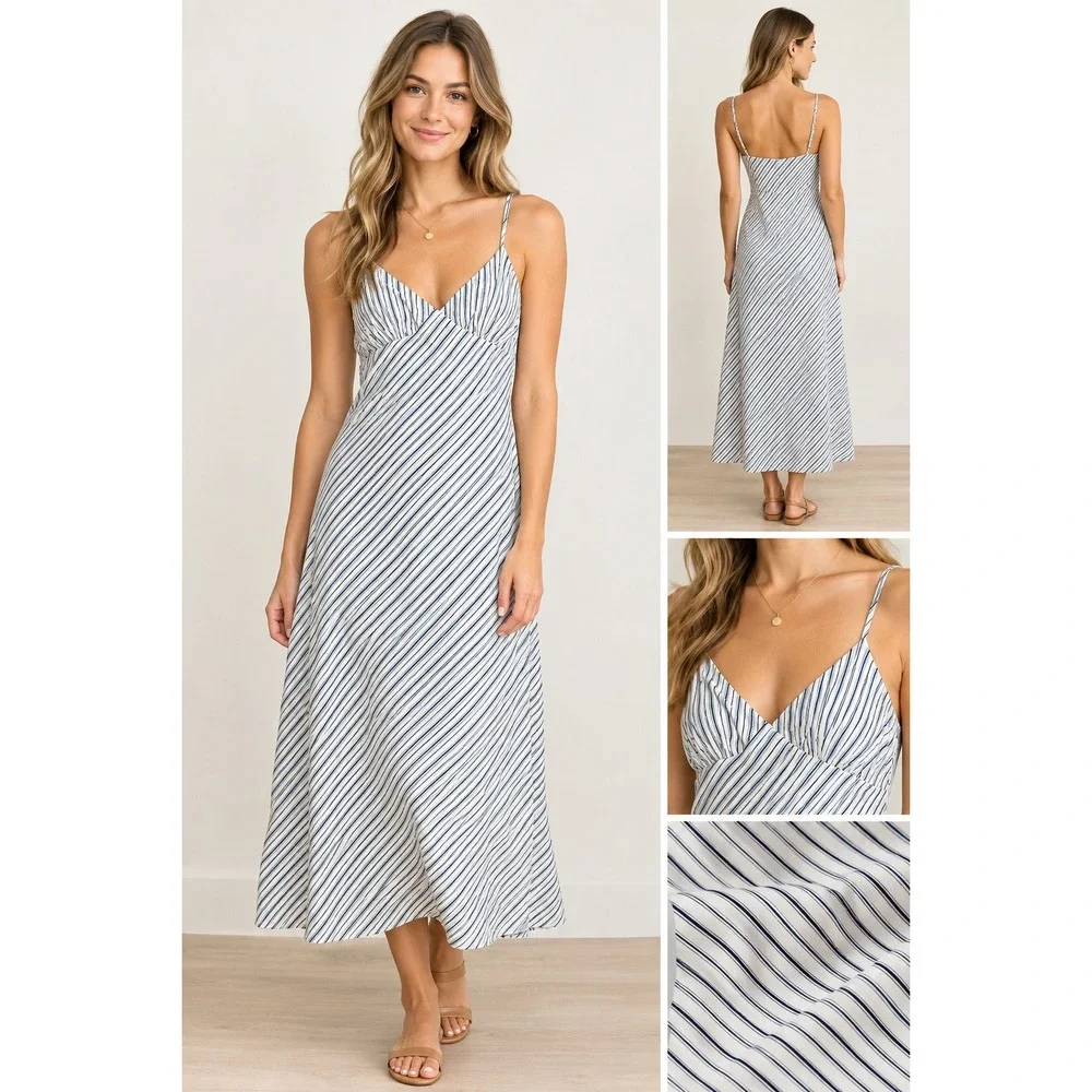 Michael Kors Blue White Striped V-Neck Midi Slip Dress Romantic Casual